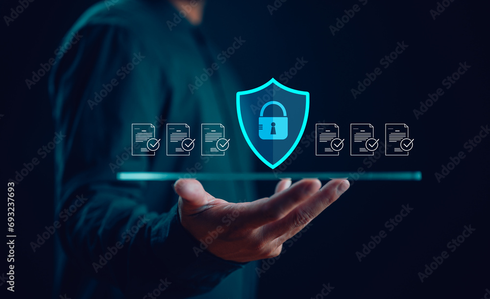 Aufkleber Cybersecurity and privacy concepts to protect data. Lock icon and internet network security technology. Businessman protecting personal data on smartphone, virtual screen interfaces. cyber security.