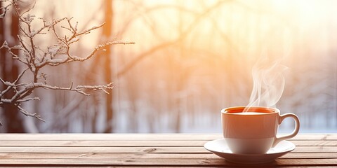 Naklejka na ściany i meble Winter morning, hot tea on wooden table outdoors, copy space, focused, shallow depth of field.