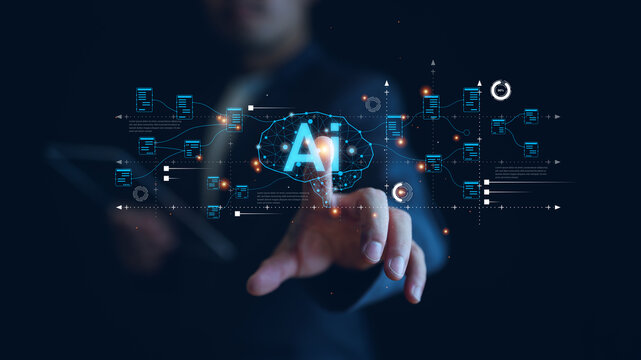 Technology and people concept man use AI to help work, AI Learning and Artificial Intelligence Concept. Business, modern technology, internet and networking concept. AI technology in everyday life.