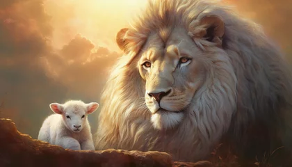 Fotobehang The Lion of Judah and the Lamb of God. Bible's description of the coming of Jesus Christ. AI-generated image  © Falk