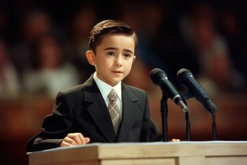 A young male student participating in a debate competition.