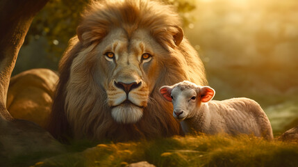 The Lion of Judah and the Lamb of God. Bible's description of the coming of Jesus Christ. AI-generated image	 - obrazy, fototapety, plakaty