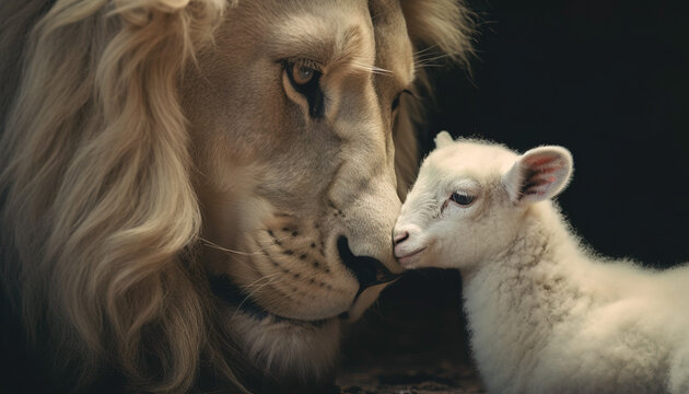 The Lion of Judah and the Lamb of God. Bible's description of the coming of Jesus Christ. AI-generated image	