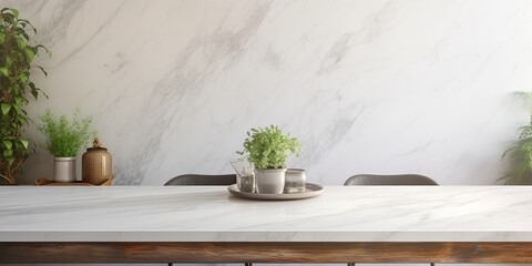 Luxurious table made of white marble with textured kitchen wall tiles background.