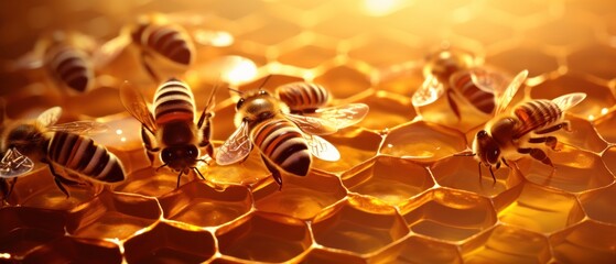 Macro view honey bee on honeycombs storing nectar pollen. Generative AI - obrazy, fototapety, plakaty
