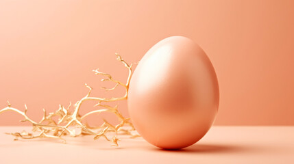 A white egg sitting on top of a table. Monochrome peach fuzz background. Happy Easter.