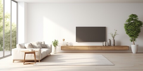 Spacious white living room at home with comfortable sofa, wooden table, television, and large window against white wall.