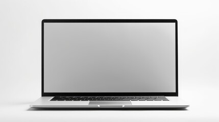 An open laptop computer sitting on a white surface. Laptop screen mockup, copy-space.