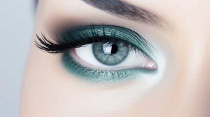 A close up of a person's eye with green makeup.