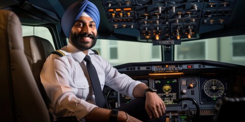 East Indian Man Airline Pilot Professional Employment Attractive Environment Generative AI - obrazy, fototapety, plakaty