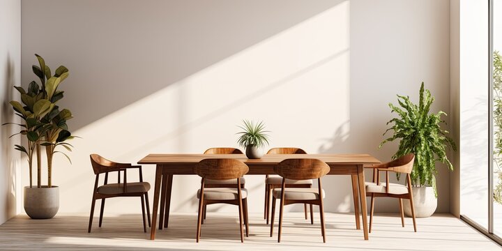 Elegant dining room with wooden table, plant, and stylish decor.