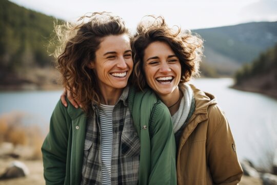 Lesbian women in love enjoying an adventure in mountains. Homosexual female couple hugging each other admiring stunning view, wearing backpacks, ready for hiking and exploring wilderness. LGBT concept