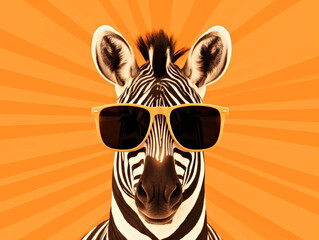 A zebra wearing sunglasses on an orange background. Monochrome orange background.