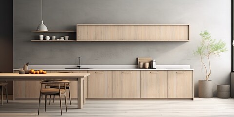 Contemporary kitchen with wood and gray accents, simple design,  - obrazy, fototapety, plakaty