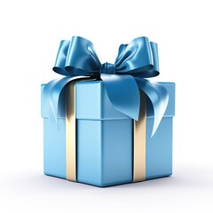 A blue gift box with a gold ribbon. Photorealistic clipart on white background.