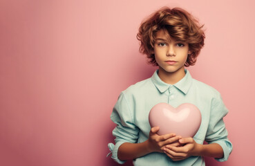 Obraz na płótnie Canvas Young male boy holding heart in arms. Minimal pastel valentine celebration.