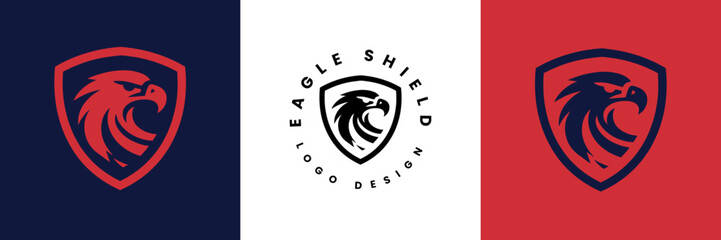 Eagle shield logo Design, Shield eagle logo inspiration, Eagle and shield logo design, Bird, falcon or hawk head badge emblem vector icon - obrazy, fototapety, plakaty