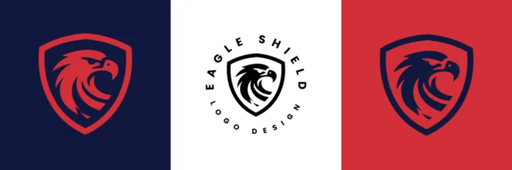 Fotobehang Eagle shield logo Design, Shield eagle logo inspiration, Eagle and shield logo design, Bird, falcon or hawk head badge emblem vector icon © iamfrk7