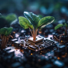 A close up of a plant growing out of a computer motherboard. Green renewable futuristic microchip industry, computer technology.