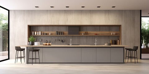 Front view of a contemporary kitchen, designed with modern architecture and represented in . - obrazy, fototapety, plakaty