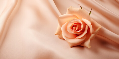 A single rose sitting on top of a white cloth. Monochrome peach fuzz background.