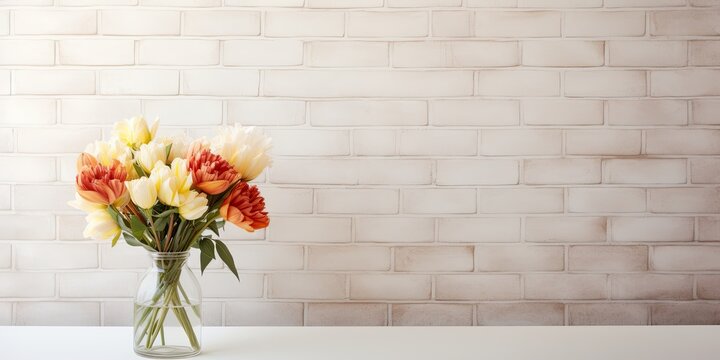 Close-up of fresh flowers in glass vase on wooden table against white brick wall with copy space.