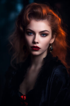 Romantisches Dark-Art-Portrait einer rothaarigen Frau im Vampir- oder Hexenstil