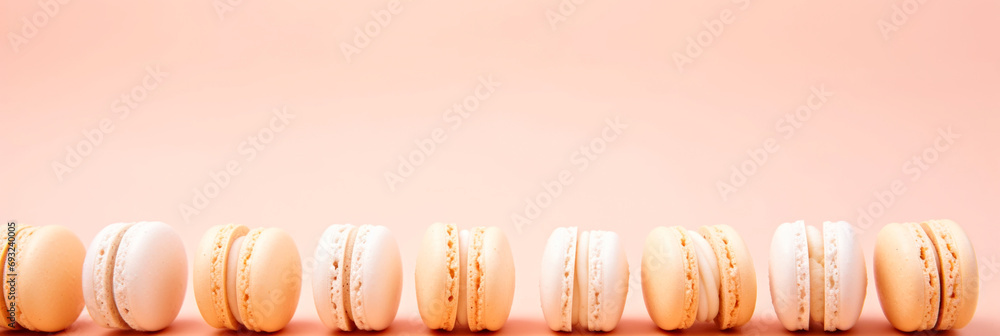 Poster a row of macarons sitting on top of a table. monochrome peach fuzz background.