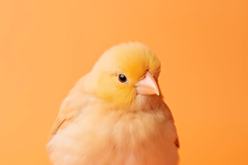 A small yellow bird sitting on top of a table. Monochrome peach fuzz background.