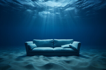 a sofa sinking in the deep blue ocean