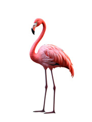 Portrait of a pink flamingo standing isolated on white, transparent