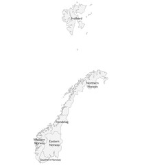 Norway map. Map of Norway divided into six main regions in white color