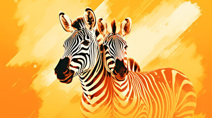 Fototapeta na wymiar A couple of zebra standing next to each other. Monochrome peach fuzz background.