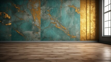 Beautiful entirior background for presentation turquoise and gold marble wall and wooden floor