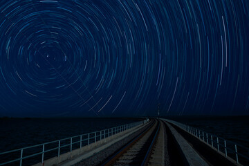 Beautiful star trail image during the night of the Geminids meteor shower in the Winter.