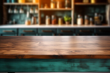 a wooden kitchen table with blurry background