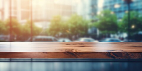 Wooden table with blurred glass wall in background for office building product display and design key visual.