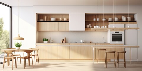  a contemporary white kitchen with wooden elements, near a window and equipped with kitchen appliances.