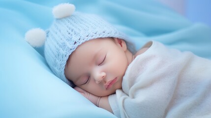 Sleeping Baby in White Hat on Blue Blanket