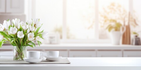 Spring-themed dinner table in white kitchen with fresh white flowers as vertical background image.