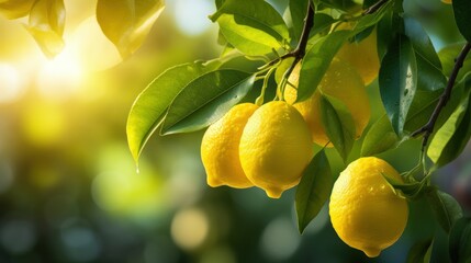 Obraz premium Fresh Lemons Hanging on a Sunlit Tree