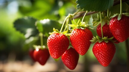 Fresh Strawberries Hanging in Garden