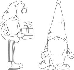 Coloring Page For Kids Features Two Christmas Gnomes With A Gift And A Christmas Tree Toy, In A Christmas Coloring Book Vector Illustration, Ready For Black And White Printing