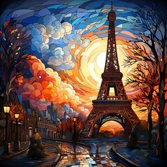 Parisian Sunset Dreams. Eiffel Tower in Paris, France at sunset. Mosaic, stained glass style.