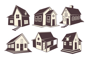 Black House Silhouette Set Collection, vintage house and building real estate architecture, cottage, apartment construction, vector illustration