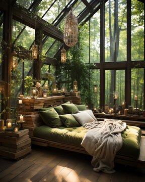 Forest Retreat. Unmade bed in a wooden structure house with big glass windows in a forest.