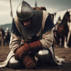 knight medieval kneeling - obrazy, fototapety, plakaty