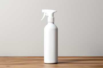 A white spray bottle with a blank label mockup on a neutral background