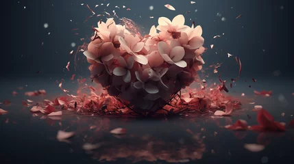 Fotobehang Beauty of love as a heart blooms with graceful pink flowers, releasing petals that gracefully dance and create an enchanting display of romance © Laura