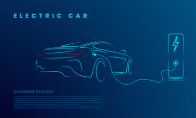 Modern electric smart car charging parking at the charger station with a plug in cable. car silhouette with blue glowing line. vector illustration